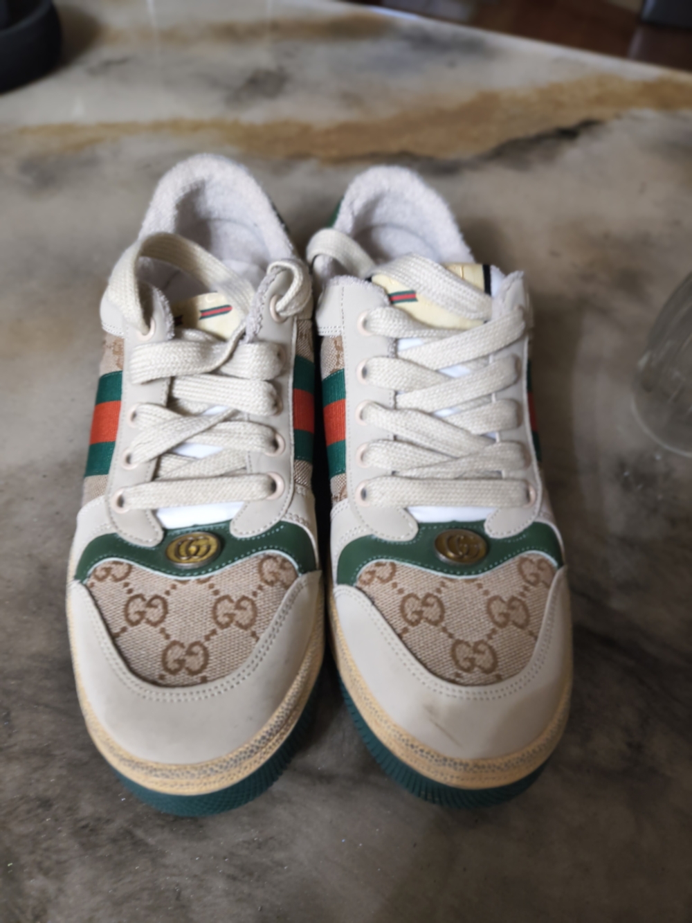 Beige Canvas Sneakers with Green & Red Stripes, Distressed Soles